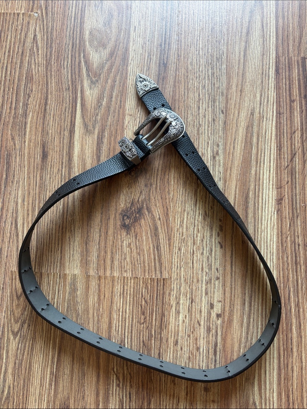 Black Western-Style Leather Belt with Ornate Silver Buckle